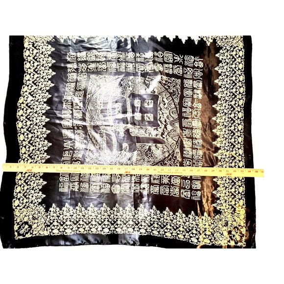 Chinese Symbol Scarf 34" NAVY BLUE Wht Blessing Floral Filigree Border Silk Feel - Picture 4 of 6